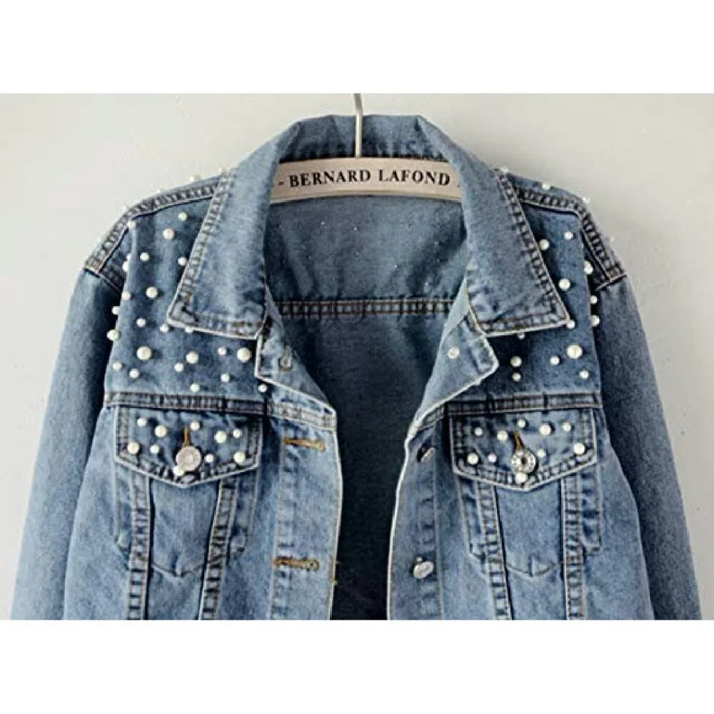 Oversized Denim Jacket with Pearl Beading, Distressed Wash, Customizable